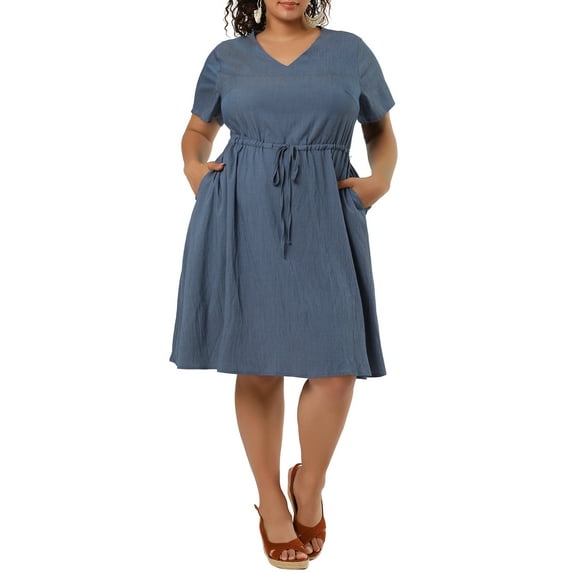 Agnes Orinda Women's Plus Size Drawstring Chambray Denim Midi Fall Shirtdress
