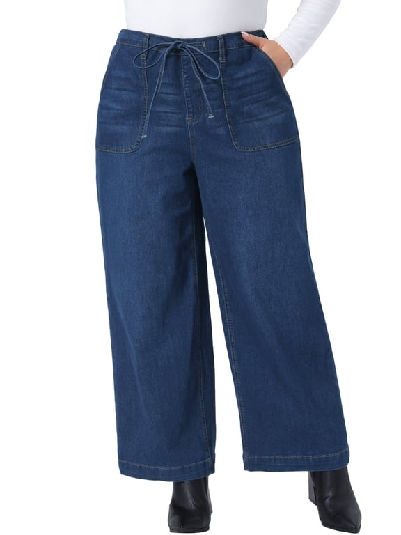 Women's Plus Size Drawstring High Waist Wide Leg Jeans Casual Holiday Denim Palazzo Pants with Pocket 2X Dark Blue