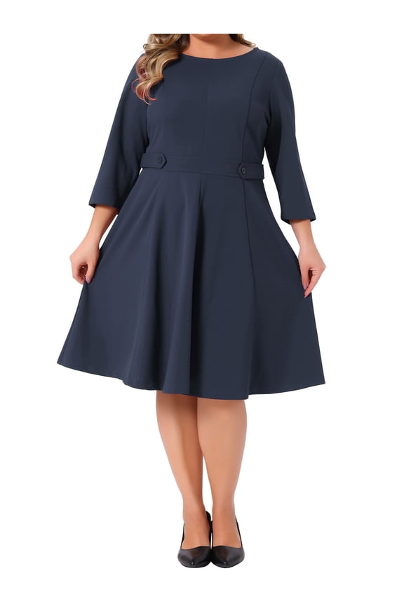Women's Plus Size Office Dress 3/4 Sleeve 50s 60s Vintage Cocktail Dress Wear to Work Dresses 1X Navy Blue