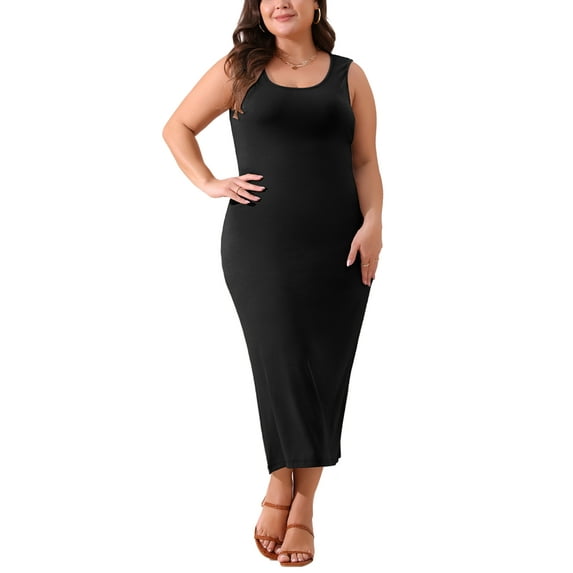 Agnes Orinda Women's Plus Size Tank Dress Wrap Basic Sleeveless Crew Neck Casual Maxi Knit Sundress 3X Black
