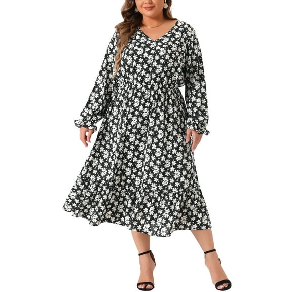 Agnes Orinda Women's Plus Size Dress Boho Floral Print V Neck Long Sleeve Ruffle Hem Long Dresses 4X Black