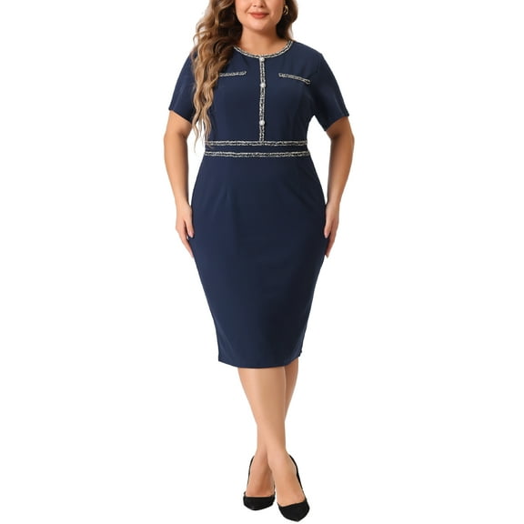 Agnes Orinda Women's Plus Size Dress Button Crew Neck Slim Office Bodycon Pencil Dress 1X Navy Blue