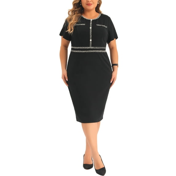 Agnes Orinda Women's Plus Size Dress Button Crew Neck Slim Office Bodycon Pencil Dress 3X Black