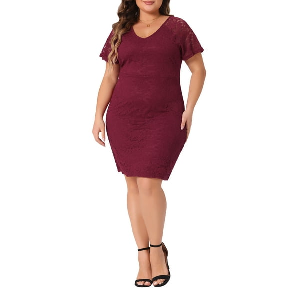 Agnes Orinda Women's Plus Size Dress V Neck Short Sleeves Cocktail Wedding Guest Bodycon Dress 1X Burgundy