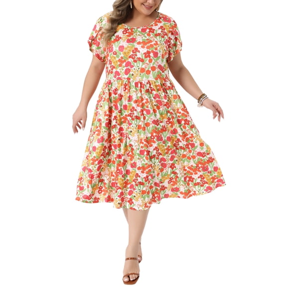 Agnes Orinda Women's Plus Size Dress Floral Print Crew Neck Tulip Short Sleeve Flowy Summer Midi A Line Dresses with Pocket 3X White Red