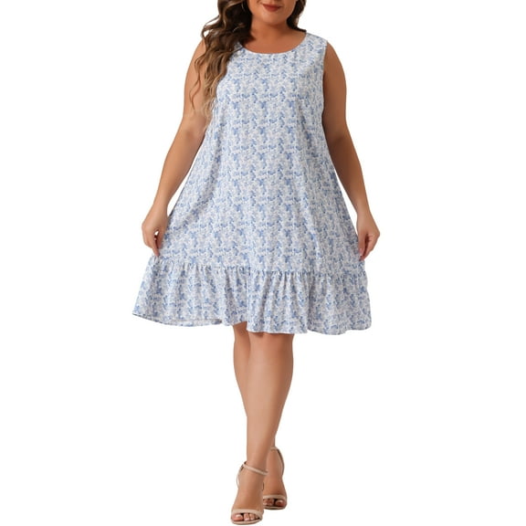 Agnes Orinda Women's Plus Size Valentines Day Dress Floral Sleeveless Ruffle Hem Casual Dresses 3X Blue