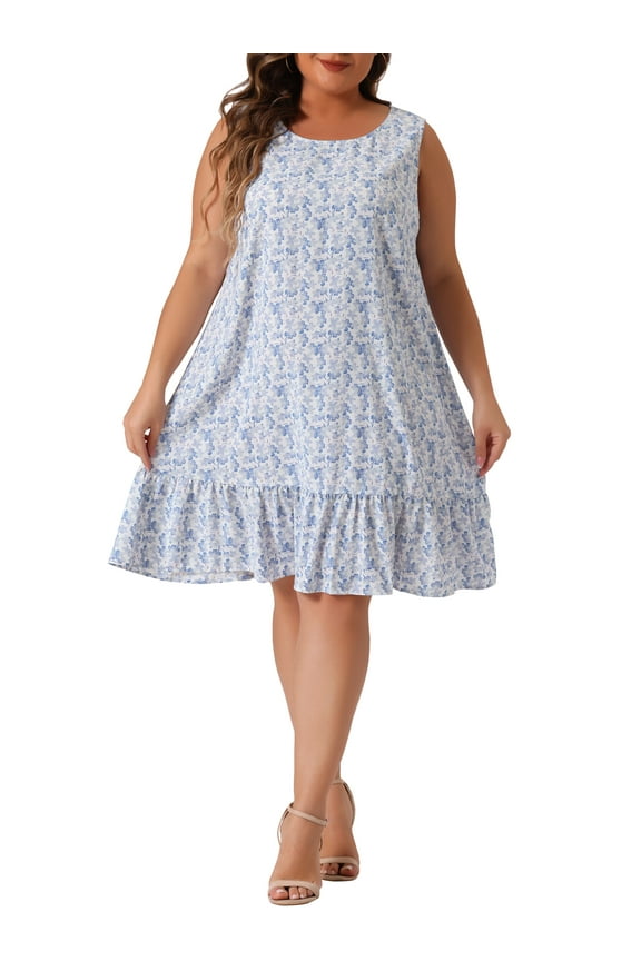 Women's Plus Size Valentines Day Dress Floral Sleeveless Ruffle Hem Casual Dresses 4X Blue