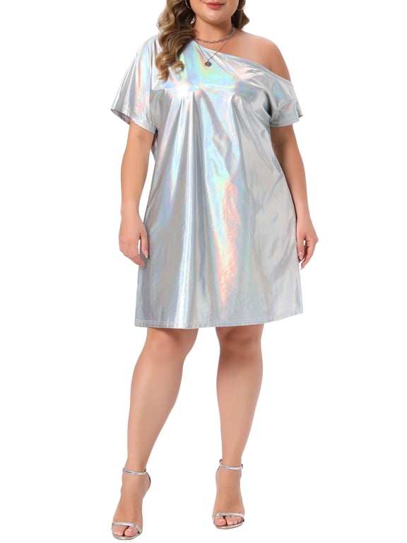 Women's Plus Size Dress Glitter Asymmetrical Neck One Shoulder Metallic Party Holographic Disco Dresses 3X Silver
