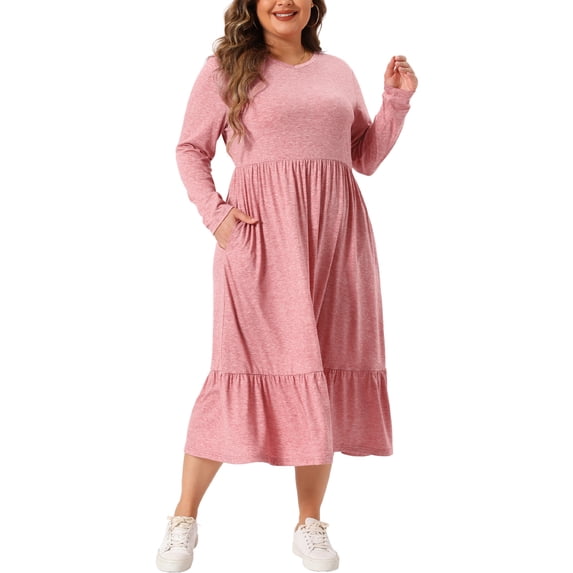 Agnes Orinda Women's Plus Size Easter Dress Long Sleeve Tiered A Line Dresses with Pockets 3X Pink