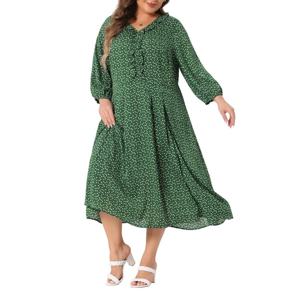 Agnes Orinda Women's Plus Size Valentines Day Dress Long Sleeve V Neck Ruffle Dresses 2X Green