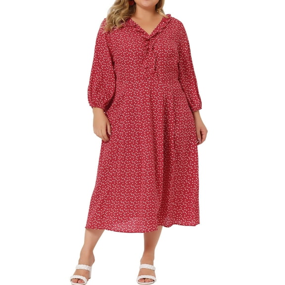 Agnes Orinda Women's Plus Size Valentines Day Dress Long Sleeve V Neck Ruffle Dresses 2X Red