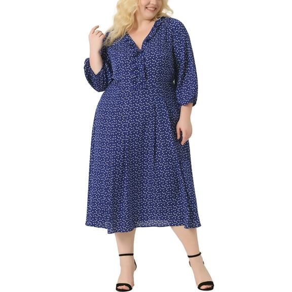 Agnes Orinda Women's Plus Size Valentines Day Dress Long Sleeve V Neck Ruffle Dresses 4X Blue