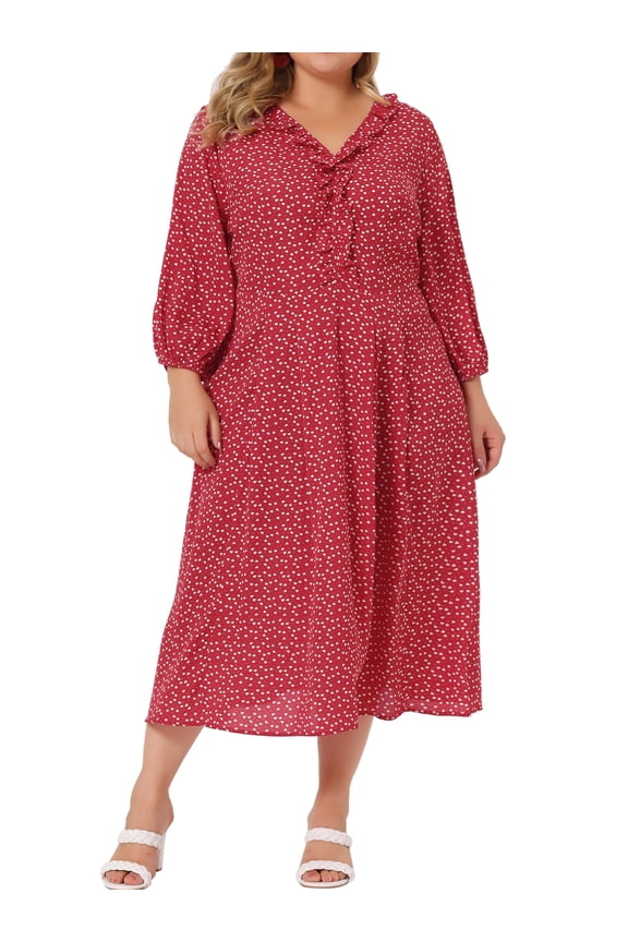 Women's Plus Size Dress Long Sleeves V Neck Ruffle Dresses 4X Red