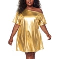 thumbnail image 1 of Agnes Orinda Women's Plus Size Dress Glitter Asymmetrical Neck One Shoulder Metallic Party Holographic Disco Dresses 1X Gold, 1 of 7