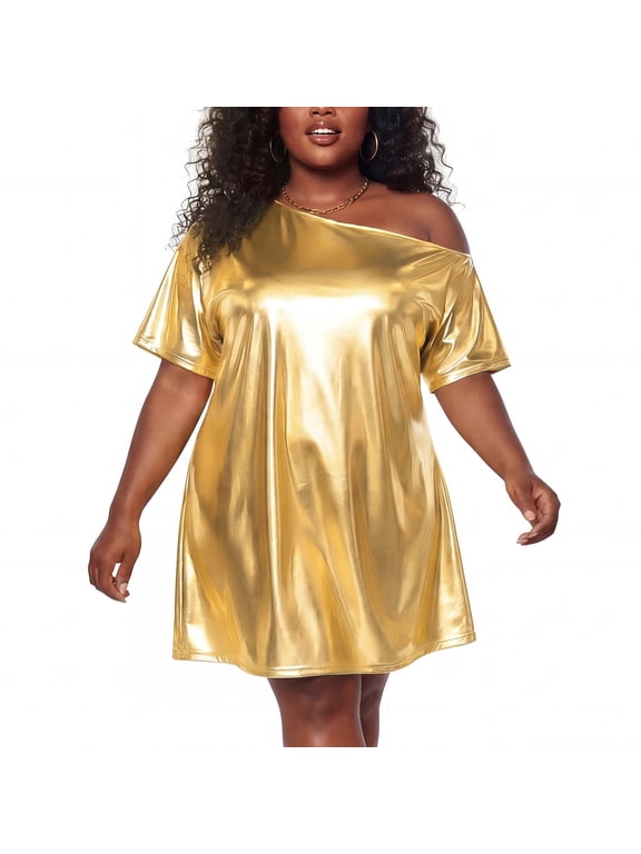 Women's Plus Size Dress Glitter Asymmetrical Neck One Shoulder Metallic Party Holographic Disco Dresses 3X Gold