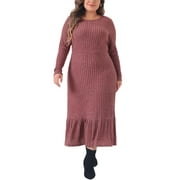 AGNES ORINDA Plus Size Dress for Women Ribbed Knit Long Sleeve Crew Neck Ruffled Hem Midi Dresses 1X Purple Red