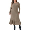 thumbnail image 1 of Agnes Orinda Women's Plus Size Dress Ribbed Knit Crew Neck Long Sleeve Ruffled Hem Casual Winter Mixi Dresses 2X Khaki, 1 of 6