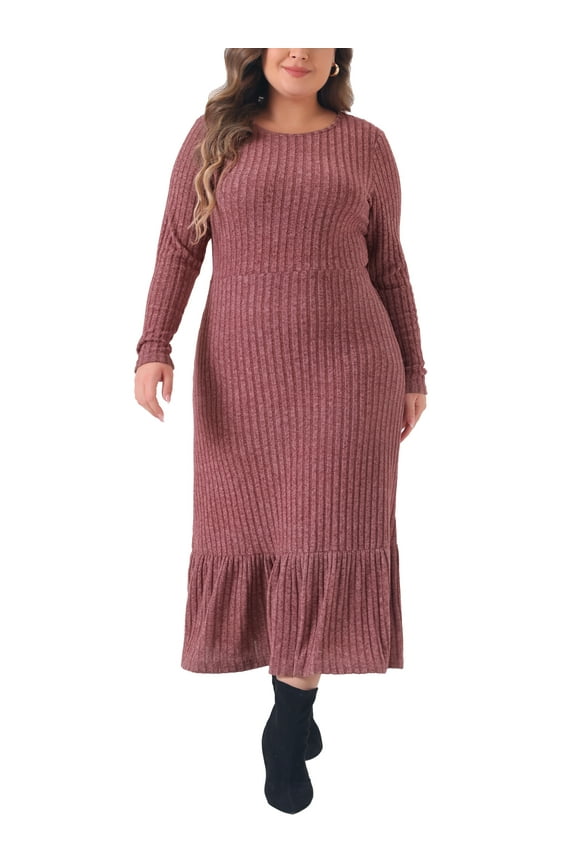 Women's Plus Size Dress Ribbed Knit Crew Neck Long Sleeve Ruffled Hem Casual Winter Mixi Dresses 4X Purple Red