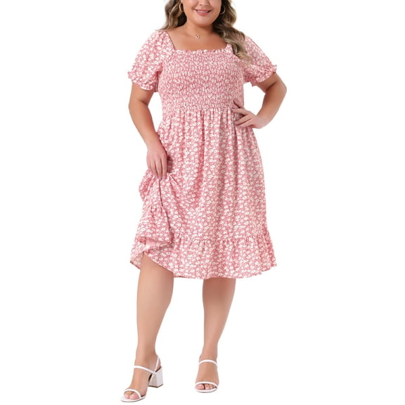 Agnes Orinda Women's Plus Size Dress Ruffle Short Sleeves Flared Flowy Smock Floral Mid Dresses 3X Pink White