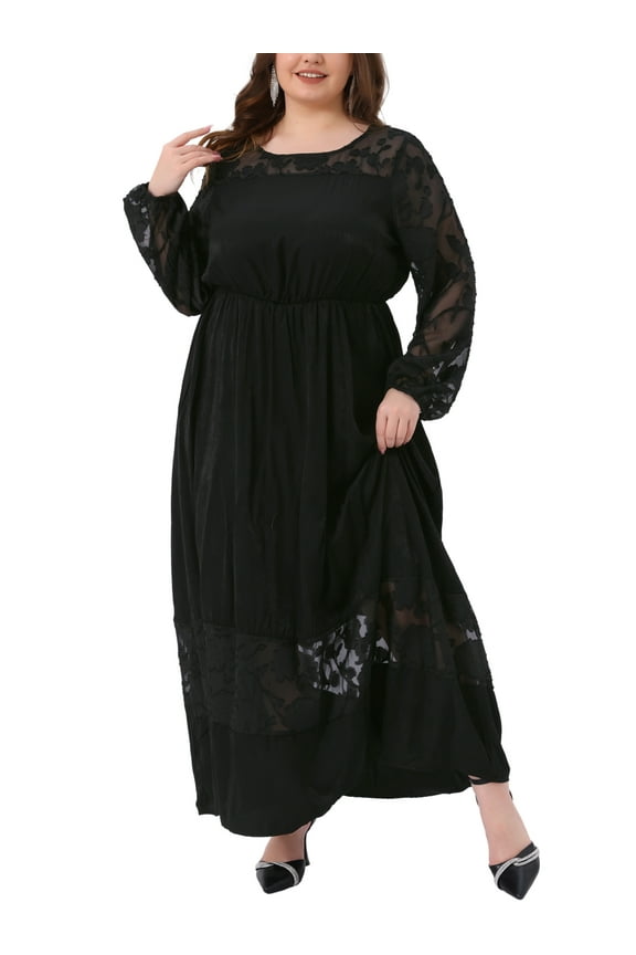 Women's Plus Size Dress Sheer Mesh Long Sleeve Lace Formal Elegant Wedding Guest Party Cocktail A-Line Maxi Dresses 3X Black