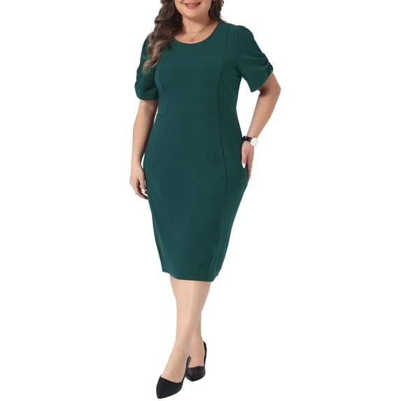 Plus Size Dress for Women Short Sleeve Above the Knee Sheath Dress Office Wear to Work Dresses 1X Dark Green