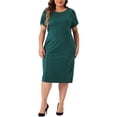 thumbnail image 1 of Plus Size Dress for Women Short Sleeve Above the Knee Sheath Dress Office Wear to Work Dresses 1X Dark Green, 1 of 6