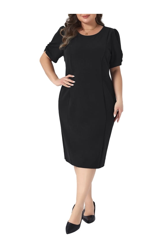 Plus Size Dress for Women Short Sleeve Above the Knee Sheath Dress Office Wear to Work Dresses 2X Black