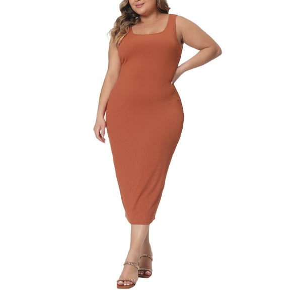 Agnes Orinda Women's Plus Size Dress Sleeveless Square Neck Bodycon Sundress Midi Tank Dress 2X Orange