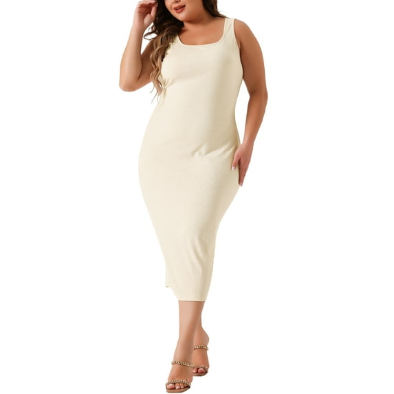Agnes Orinda Women's Plus Size Dress Sleeveless Square Neck Bodycon Sundress Midi Tank Dress 4X Apricot