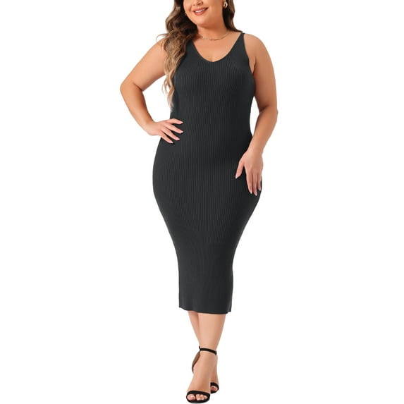 Agnes Orinda Women's Plus Size Dress Sleeveless V Neck Casual Ribbed Knit Bodycon Cami Dress 2X Black