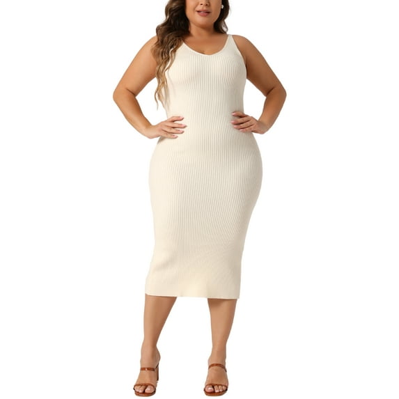 Agnes Orinda Women's Plus Size Dress Sleeveless V Neck Casual Ribbed Knit Bodycon Cami Dress 3X Beige