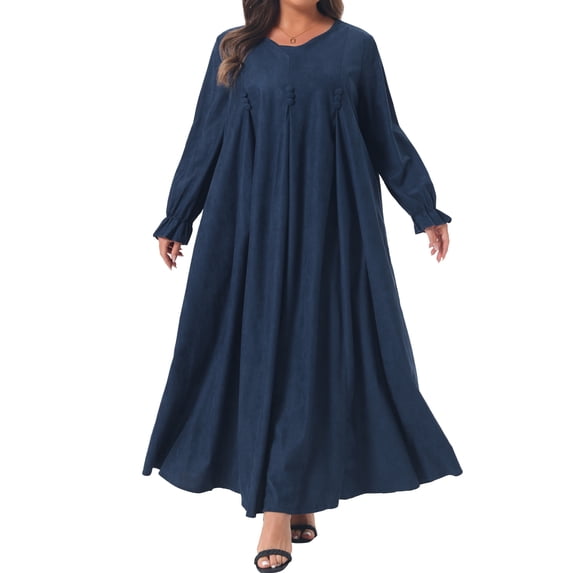 Agnes Orinda Women's Plus Size Halloween Outfits School College Faux Suede Dress Button Decor Crew Neck Pleated Long Ruffle Balloon Sleeve Flowy Vintage Elegant A Line Maxi Dresses L Dark Blue