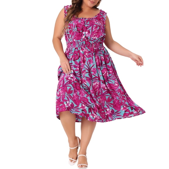 Agnes Orinda Women's Plus Size Square Neck Sleeveless Floral Flowy Stretchy Waist Dresses 1X Hot Pink