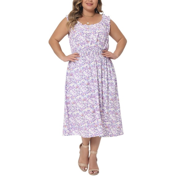 Agnes Orinda Women's Plus Size Square Neck Sleeveless Floral Flowy Stretchy Waist Midi Dresses 1X Purple