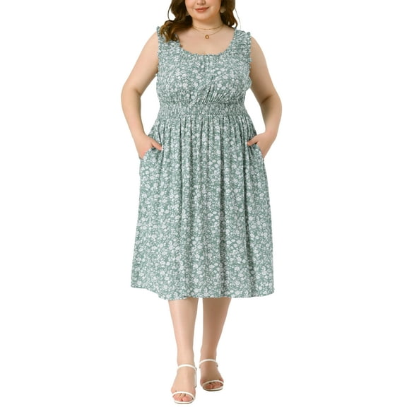 Agnes Orinda Women's Plus Size Square Neck Sleeveless Floral Flowy Stretchy Waist Midi Dresses 4X Dark Green
