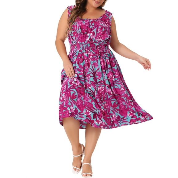 Agnes Orinda Women's Plus Size Square Neck Sleeveless Floral Flowy Stretchy Waist Midi Dresses 4X Hot Pink