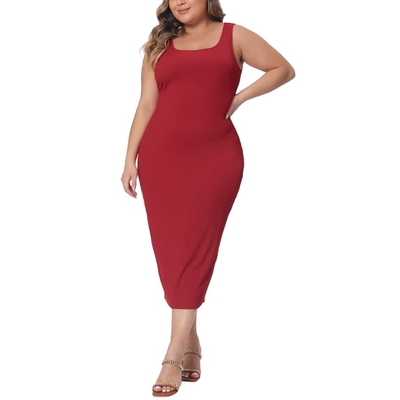Agnes Orinda Women's Plus Size Dress Summer Sleeveless Square Neck Bodycon Cocktail Sundress Midi Tank Dress 3X Burgundy