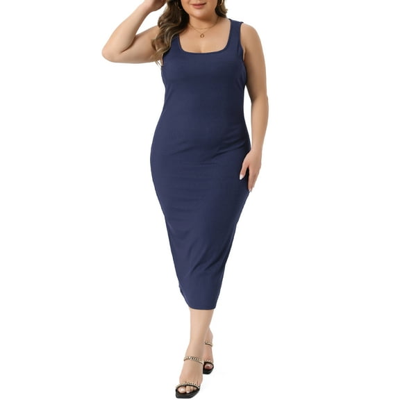 Agnes Orinda Women's Plus Size Dress Summer Sleeveless Square Neck Bodycon Cocktail Sundress Midi Tank Dress 3X Navy Blue