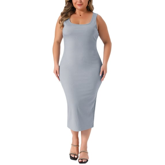 Agnes Orinda Women's Plus Size Mother's Day Dress Summer Sleeveless Square Neck Bodycon Cocktail Sundress Tank Dress 4X Gray
