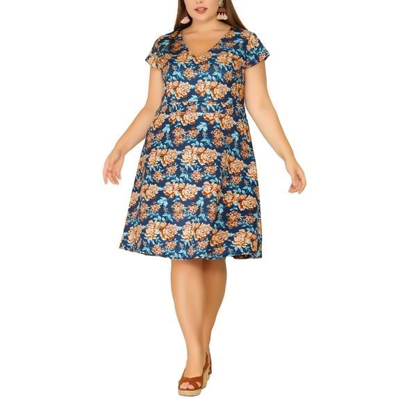 Agnes Orinda Women's Plus Size Midi Dress Summer V Neck Cap Sleeve Floral A Line ShirtMidi Dress