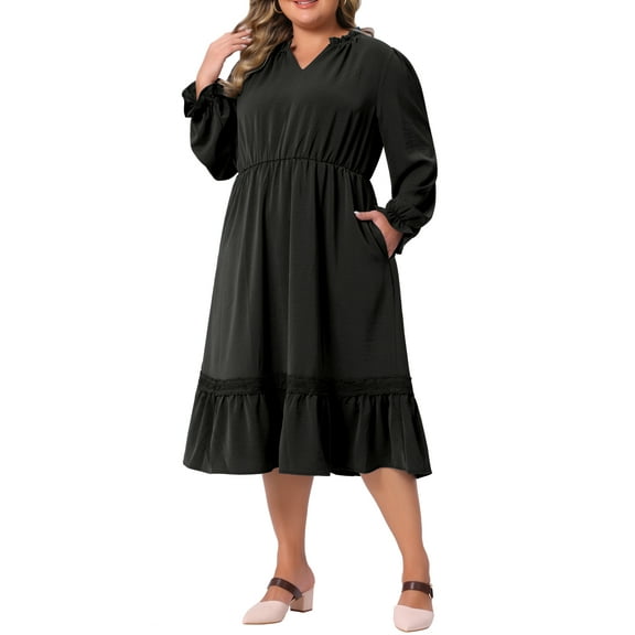 Agnes Orinda Women's Plus Size Dress V Neck Ruffle Long Sleeve Tiered Lace Patchwork Flowy Casual A Line Midi Dresses 2X Black