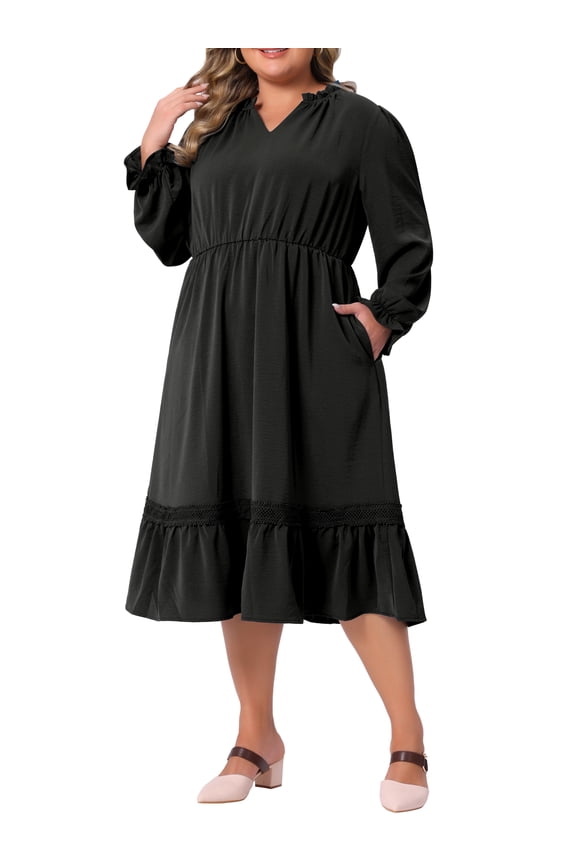 Women's Plus Size Dress V Neck Ruffle Long Sleeve Tiered Lace Patchwork Flowy Casual A Line Midi Dresses 2X Black
