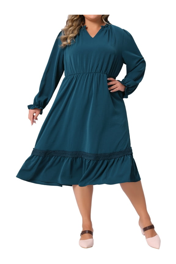 Women's Plus Size Dress V Neck Ruffle Long Sleeve Tiered Lace Patchwork Flowy Casual A Line Midi Dresses 4X Peacock Blue