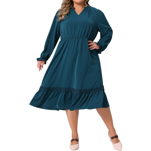Agnes Orinda Women's Plus Size Dress V Neck Ruffle Long Sleeve Tiered Lace Patchwork Flowy Casual A Line Midi Dresses 4X Peacock Blue