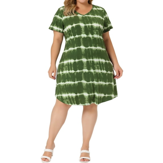 GRACE & GRANDEUR Women's Plus Size Dress Tie Dye Stripe V Neck Short Sleeve Summer Casual Midi T-shirt Dresses 1X Green