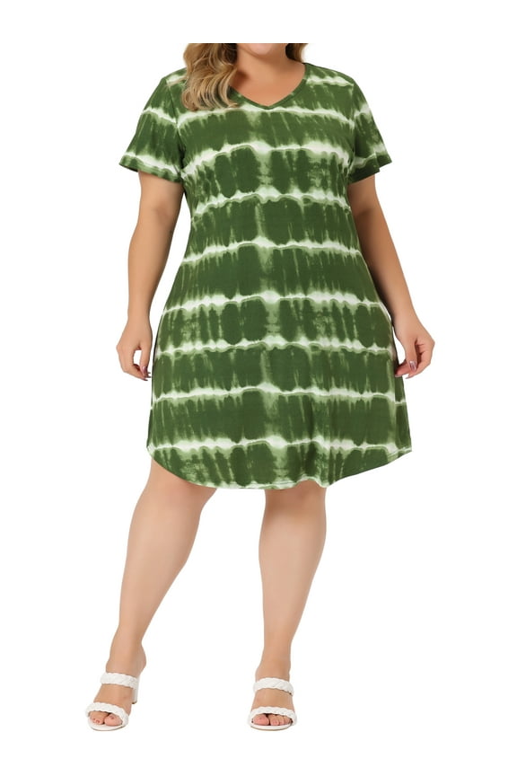 Women's Plus Size Dress Tie Dye Stripe V Neck Short Sleeve Summer Casual Midi T-shirt Dresses 1X Green