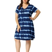 GRACE & GRANDEUR Women's Plus Size V Neck Short Sleeve Tie Dye Stripe Spring Summer Midi T-shirt Dresses 2X Dark Blue