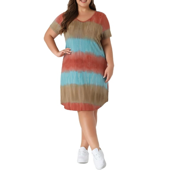 GRACE & GRANDEUR Women's Plus Size Dress Tie Dye Stripe V Neck Short Sleeve Summer Casual Midi T-shirt Dresses 2X Red Brown