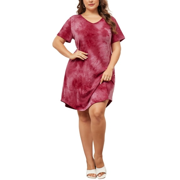 GRACE & GRANDEUR Women's Plus Size Dress Tie Dye Stripe V Neck Short Sleeve Summer Casual Midi T-shirt Dresses 4X Hot Pink