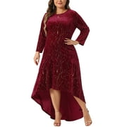 AGNES ORINDA Women's Plus Size Dresses 3/4 Sleeves Mermaid High Low Hem Maxi Velvet Formal Dress 3X Burgundy